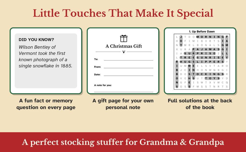 Extras in every book: a fun fact or memory question on each page, a gift page for a personal note, and full solutions
