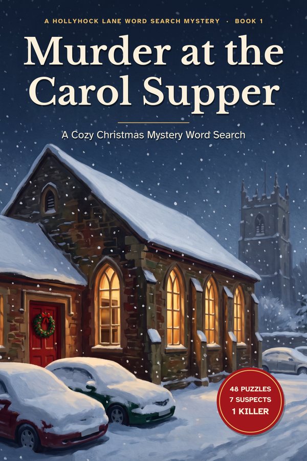 Front cover of Murder at the Carol Supper: a stone village hall with glowing windows on a snowy night