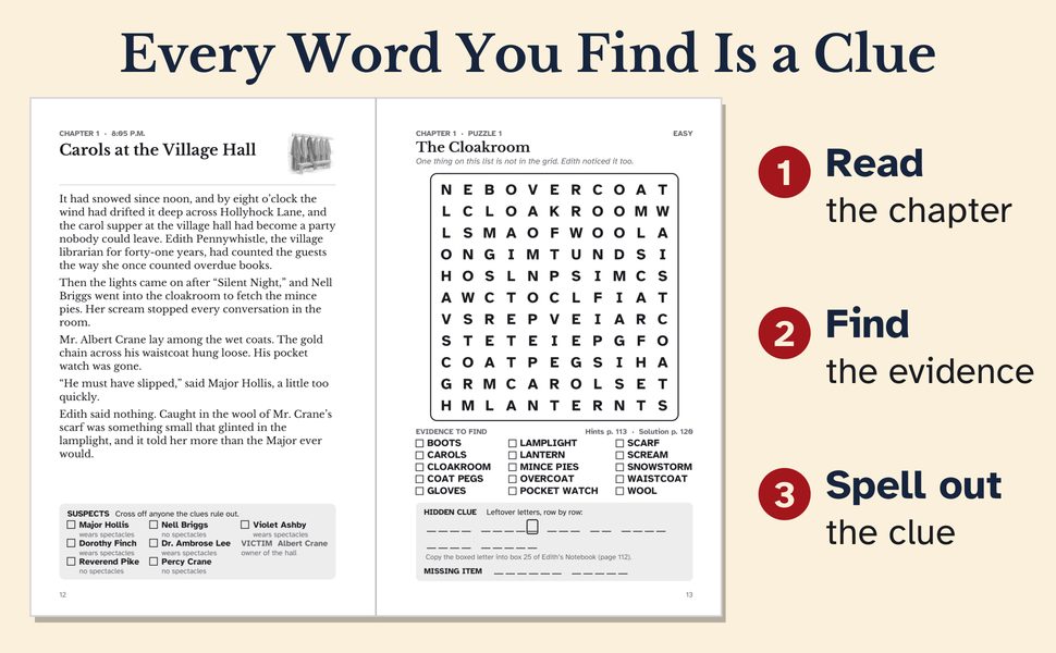 A chapter spread from the book: the story page with its suspect board, and the word search that follows it, with the three steps read the chapter, find the evidence and spell out the clue