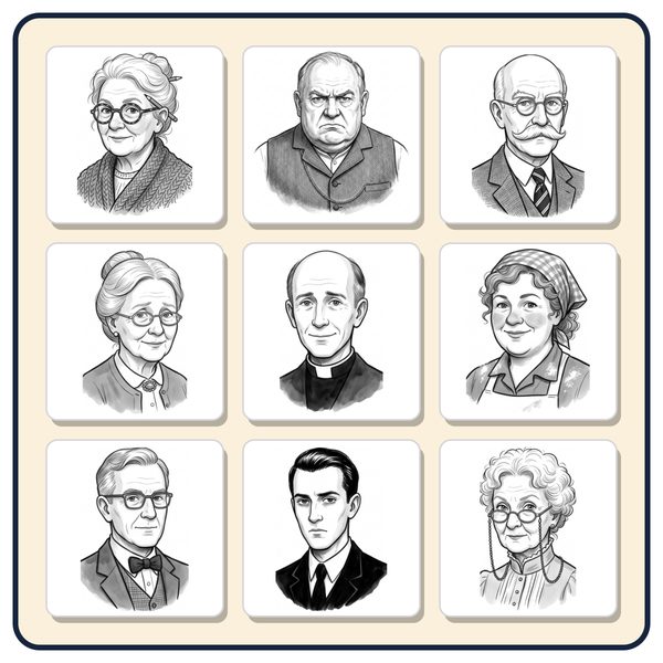 Pencil portraits of the cast: Edith Pennywhistle and the people snowed in at the village hall