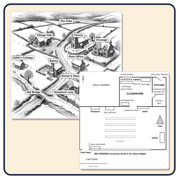 The map of the village of Hollyhock Lane and the floor plan of the village hall, both printed in the book