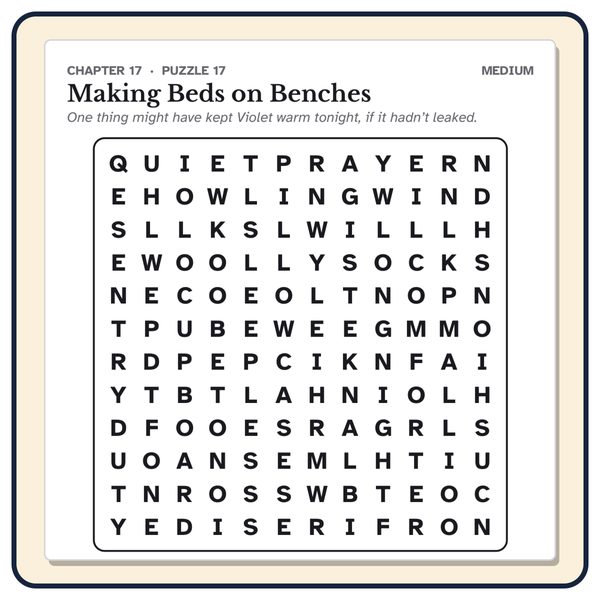 A Part Two word search from chapter 17, Making Beds on Benches: a 12 x 12 grid where words also run backward and upward