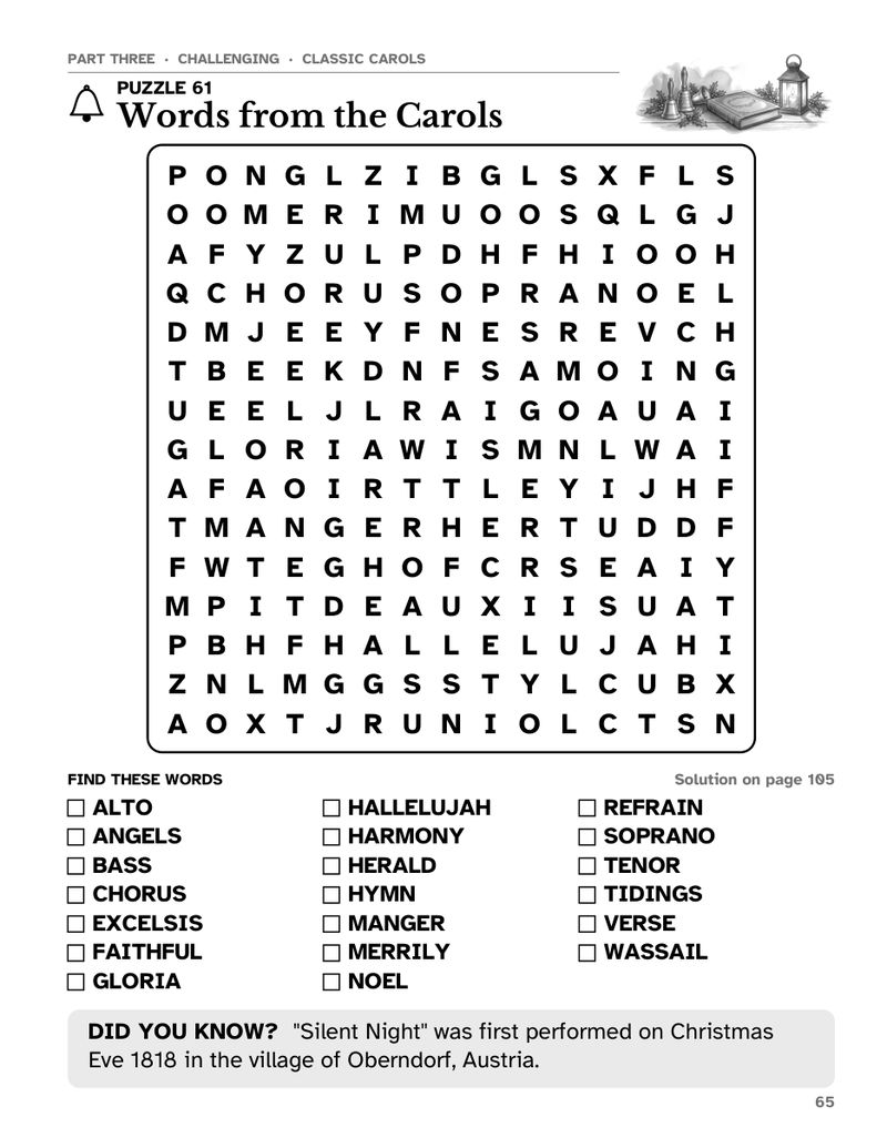 Sample page from Old-Fashioned Christmas Word Search Large Print: Challenging puzzle 61, Words from the Carols, a 15 x 15 large print word search grid with word list