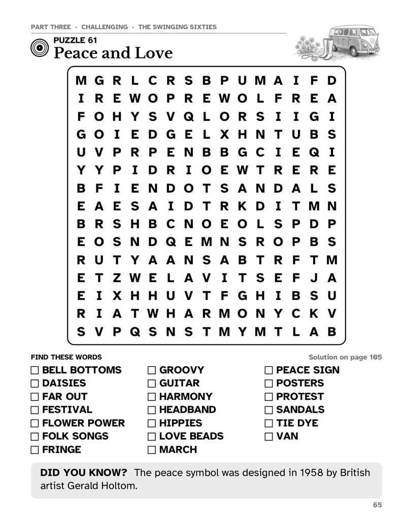 Sample page from Old-Fashioned Memories Word Search Large Print: Challenging puzzle 61, Peace and Love, a 15 x 15 large print word search grid with word list
