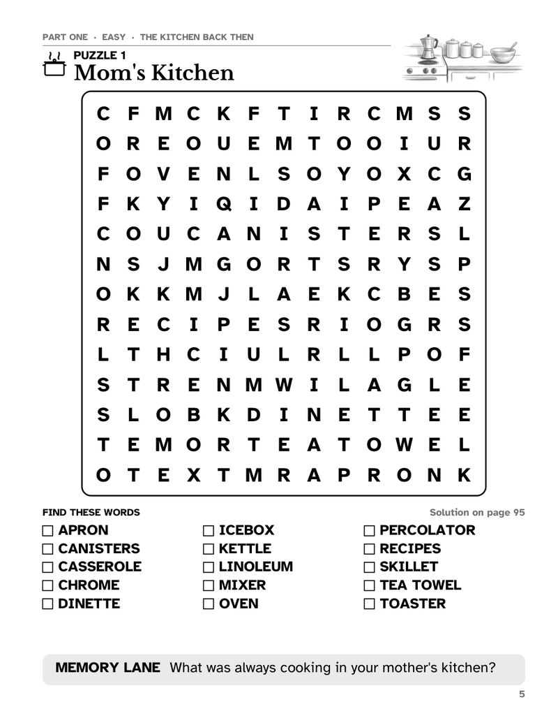 Sample page from Old-Fashioned Memories Word Search Large Print: Easy puzzle 1, Mom's Kitchen, a 13 x 13 large print word search grid with word list