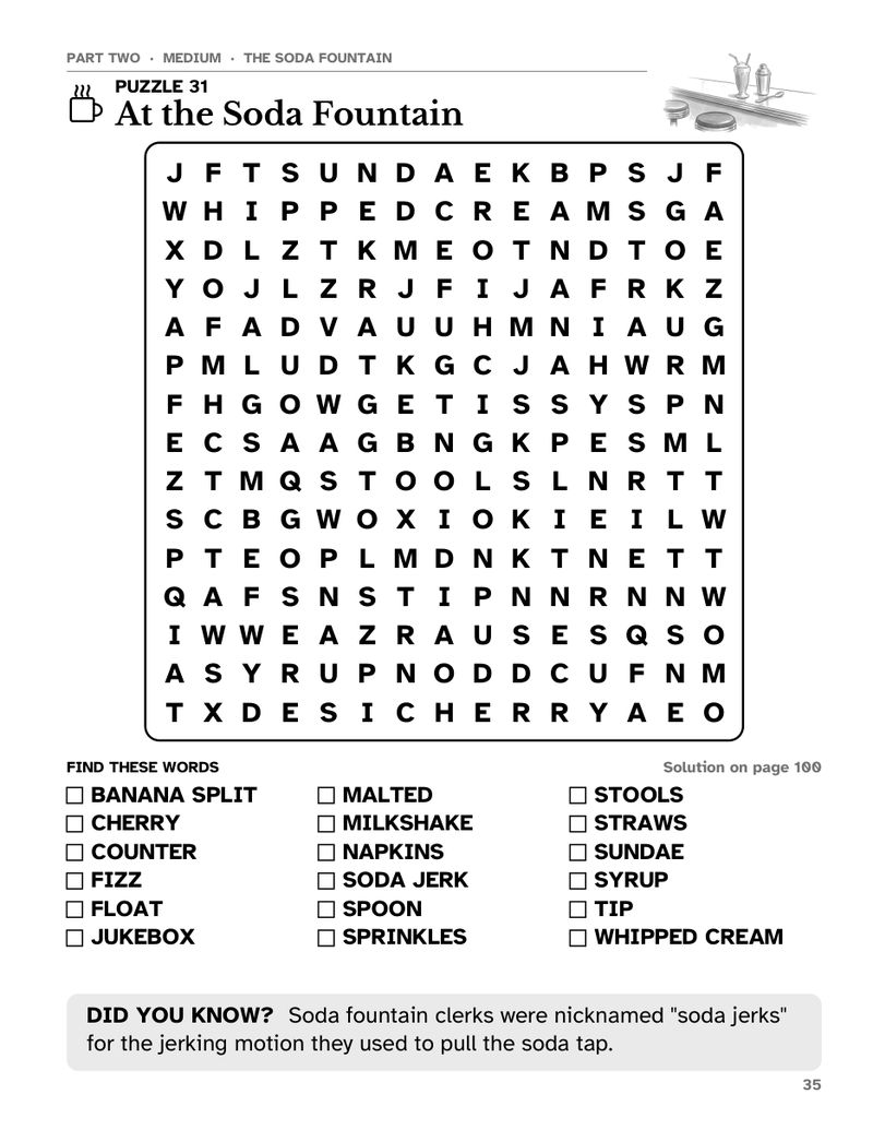 Sample page from Old-Fashioned Memories Word Search Large Print: Medium puzzle 31, At the Soda Fountain, a 15 x 15 large print word search grid with word list