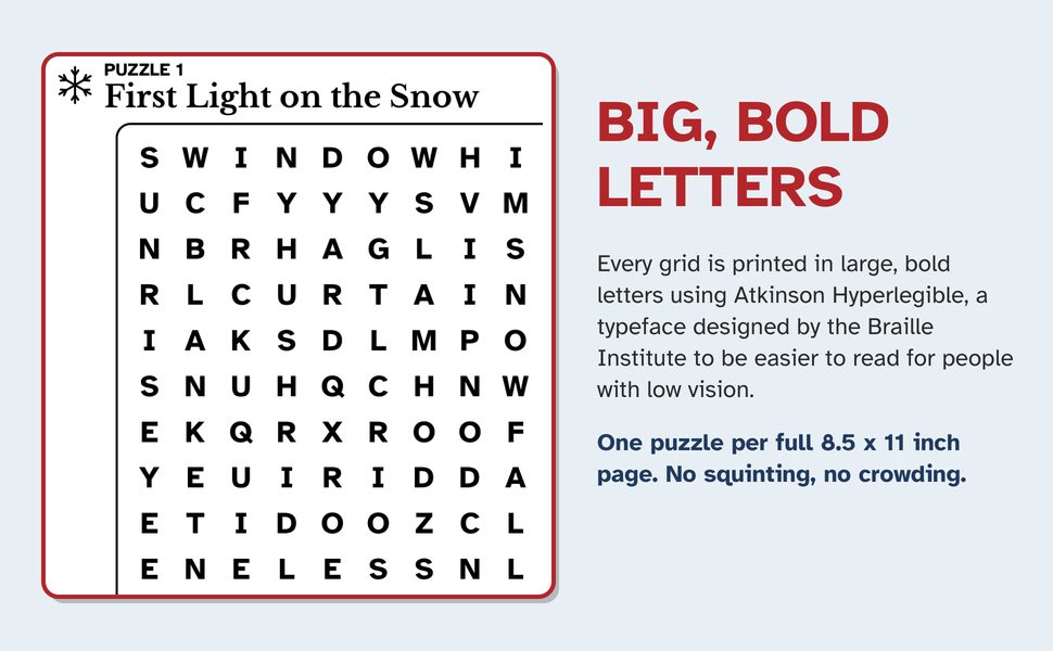 Big bold letters in a large print winter word search grid set in Atkinson Hyperlegible, one puzzle per 8.5 x 11 inch page