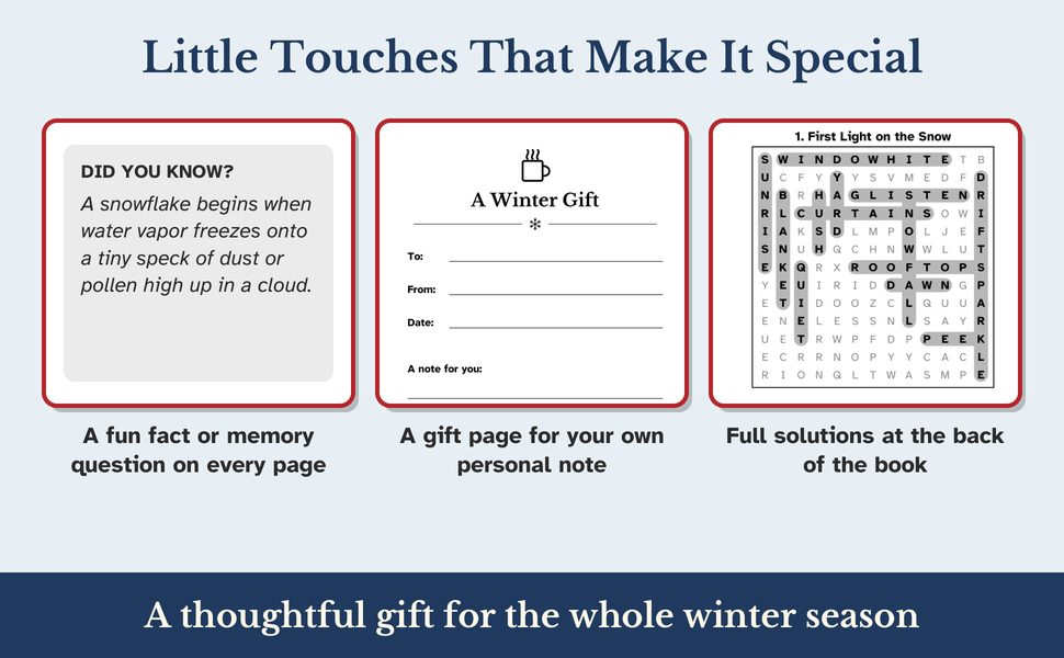 Extras in every book: a fun fact or memory question on each page, a gift page for a personal note, and full solutions